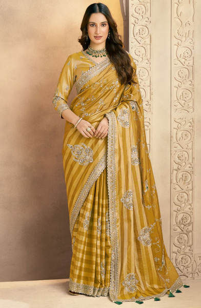 Mustard Yellow Heavy Embroidered Designer Saree