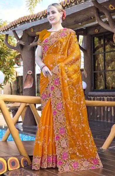 Mustard Yellow Heavy Resham Embroidered Party Wear Saree