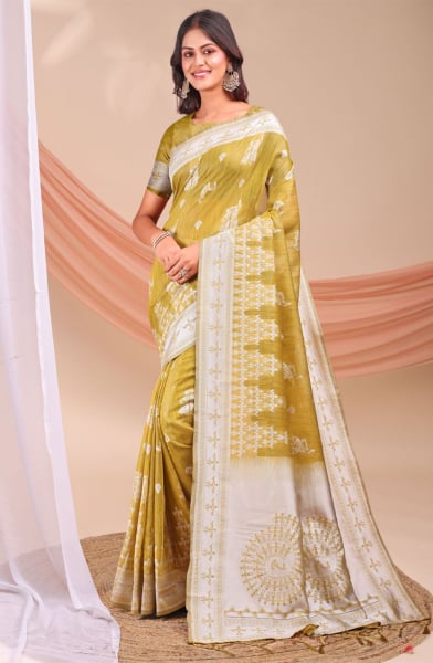 Mustard Yellow Linen Cotton Party Wear Saree