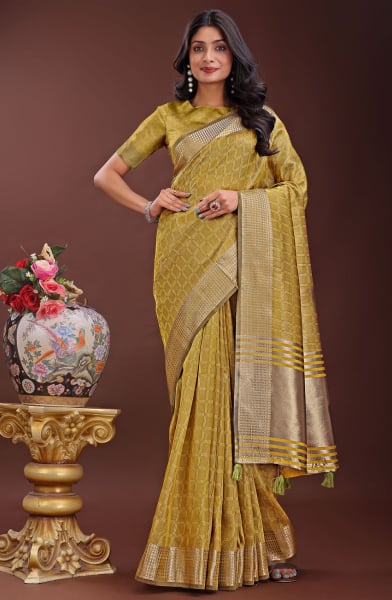 Mustard Yellow Organza Printed Saree