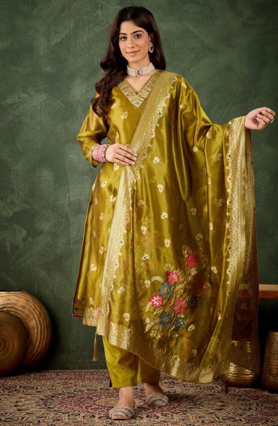 Mustard Yellow Organza Silk Partywear Suit