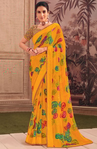 Mustard Yellow Printed Casual Georgette Saree