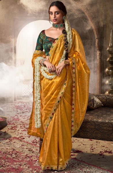 Mustard Yellow Pure Tissue Designer Saree