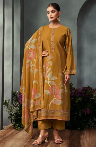 Mustard Yellow Pure Viscose Embroidered Plus Size Suit