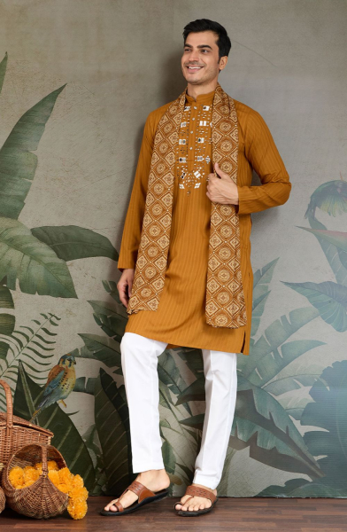 Mustard Yellow Pure Viscose Kurta with Stole for Festival