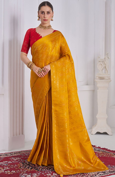 Mustard Yellow Satin Tissue Silk Saree for Party