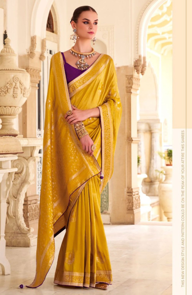 Mustard Yellow Satin Tissue Silk Saree for Party