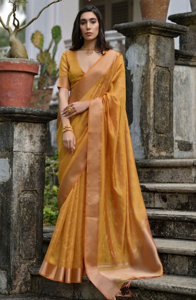 Mustard Yellow Soft Tussar Silk Woven Saree
