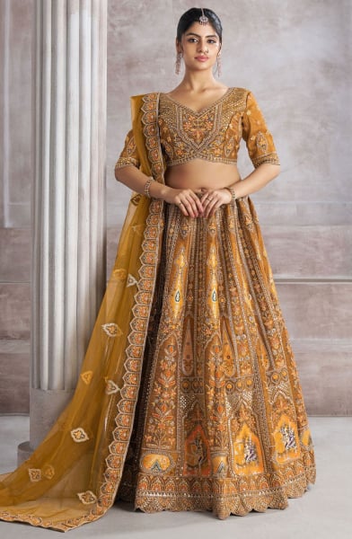 Mustard Yellow Zari with Resham Embroidered Designer Lehenga Choli Set