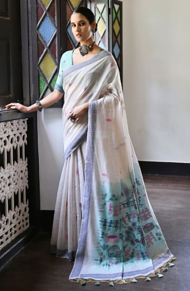 Ivory Cotton Ikkat Woven Saree