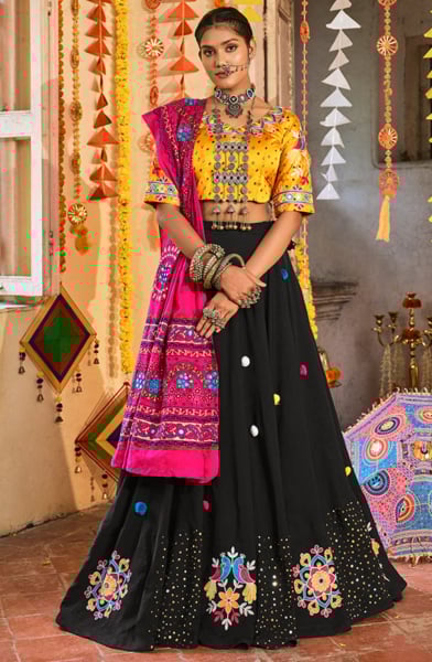 Navratri Special Black Muslin Cotton Party Wear Chaniya Choli for Festival