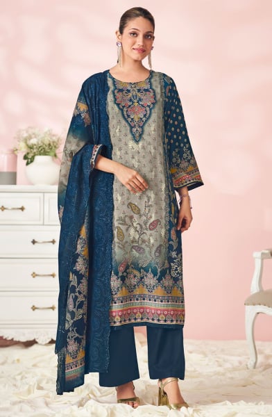 Navy Blue and Grey Printed Lawn Cotton Pant Kameez