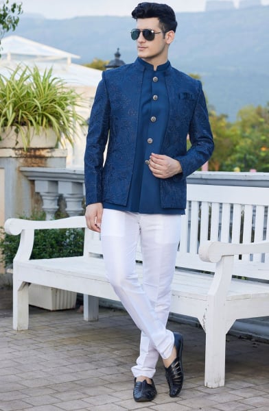 Navy Blue Art Silk Computer Embroidered 3 Piece Jodhpuri
