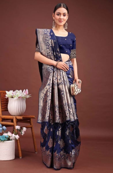 Navy Blue Banarasi Silk Woven Saree