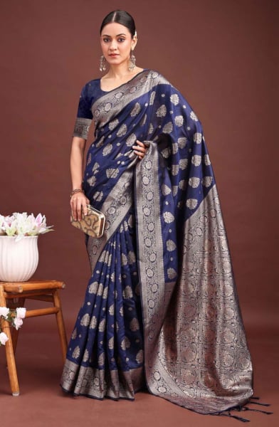 Navy Blue Banarasi Silk Woven Saree