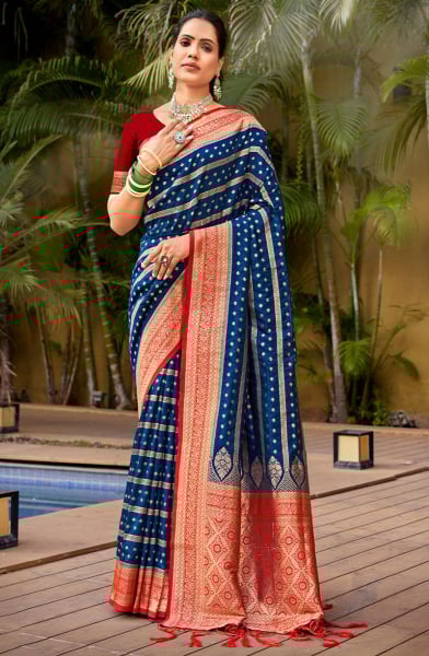 Navy Blue Banarasi Silk Woven Saree