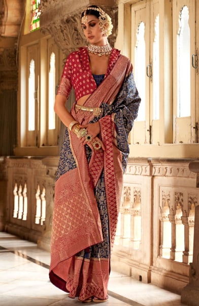 Navy Blue Banarasi Weaving Silk Saree for Ceremonial