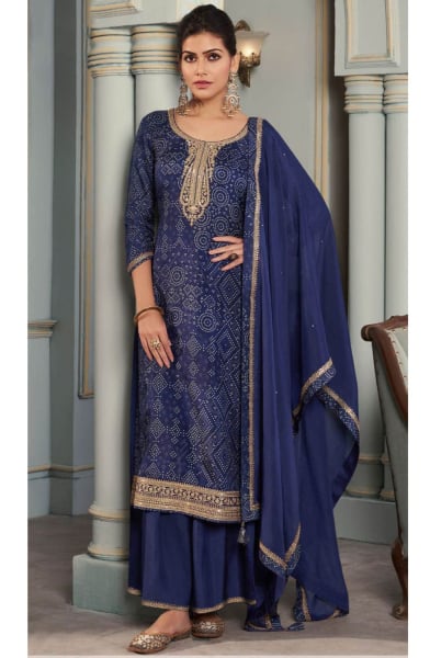 Navy Blue Bandhani Print Viscose Munga Silk Palazzo Kameez