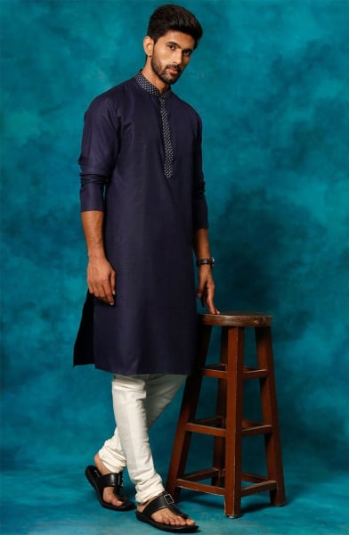 Navy Blue Cotton Blend Pathani Kurta
