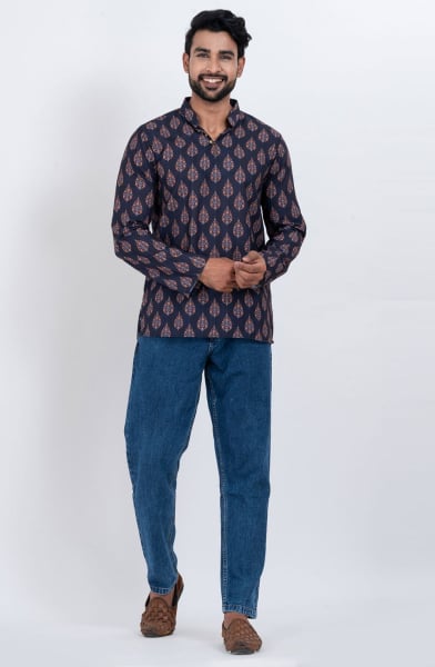 Navy Blue Cotton Digital Printed Kurta for Festival
