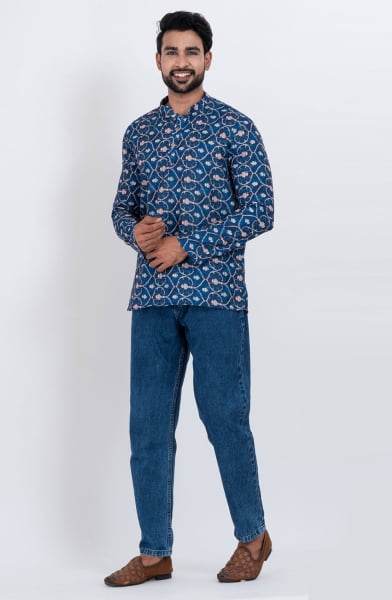 Navy Blue Cotton Digital Printed Kurta for Festival
