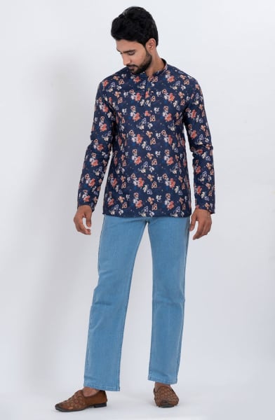 Navy Blue Cotton Digital Printed Kurta for Festival