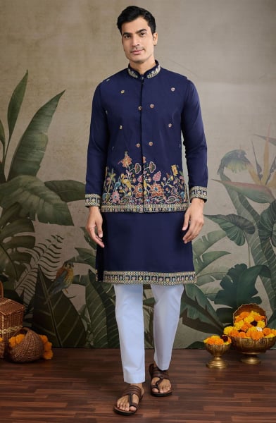 Navy Blue Cotton Kurta Set with Embroidered Jacket