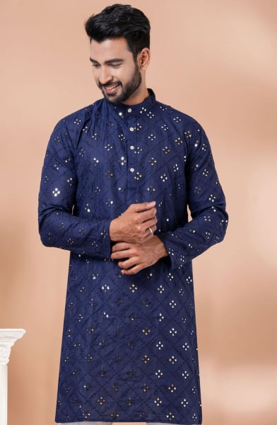 Navy Blue Cotton Mirror work Kurta