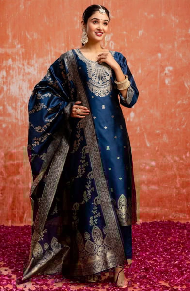 Navy Blue Cotton Silk Blend Readymade Suit