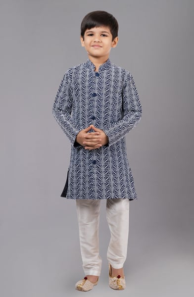 Navy Blue Cotton Silk Kids Kurta Set