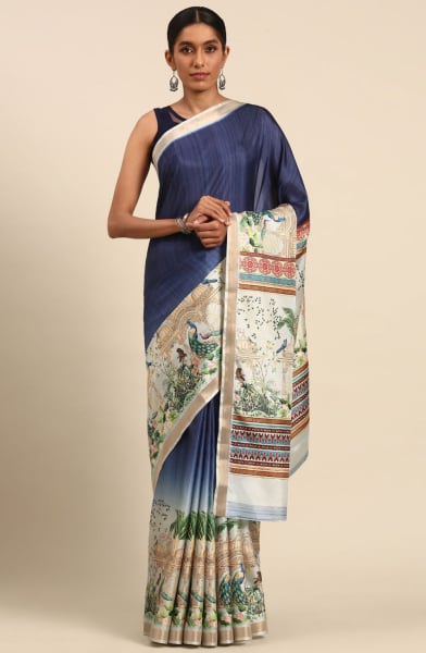 Navy Blue Cotton Woven Saree