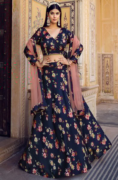 Navy Blue Crushed Silk Designer Lehenga Choli Set