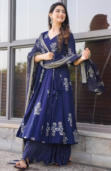 Navy Blue Digital Print Muslin Plus Size Suit