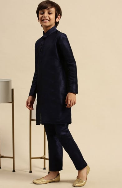 Navy Blue Dupion Silk Boys Kurta Set