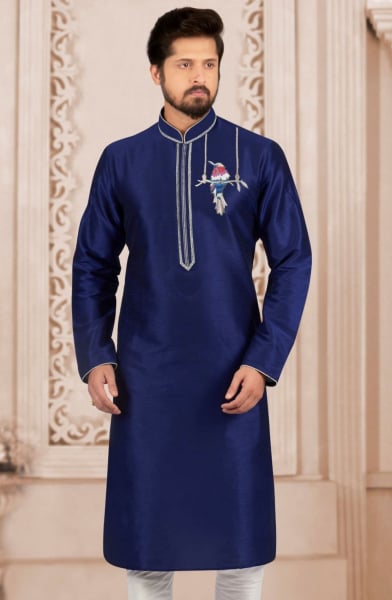 Navy Blue Dupion Silk Mens Kurta