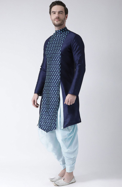 Navy Blue Dupion Silk Mens Kurta Set