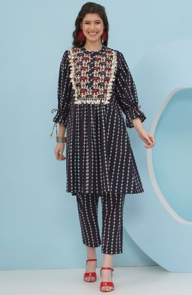 Navy Blue Embellished Cotton Co-Ord Set
