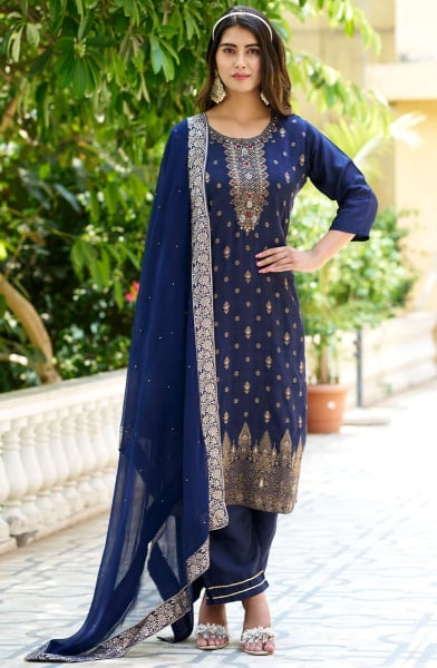 Navy Blue Embellished Viscose Rayon Readymade Suit