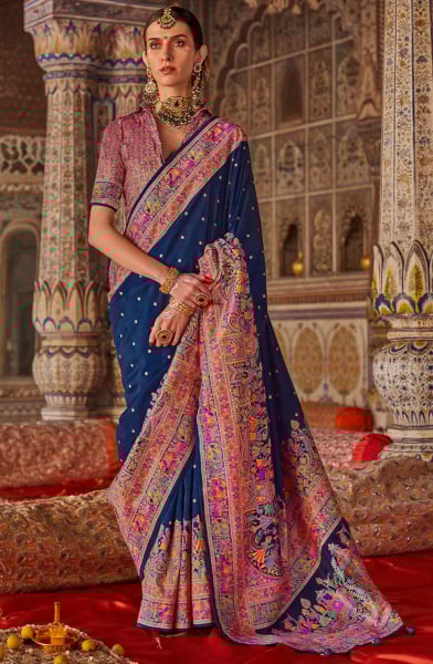 Navy Blue Embellished Viscose Silk Saree