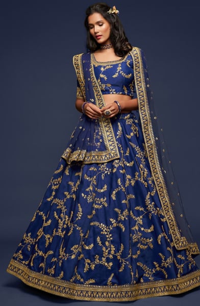 Navy Blue Embroidered Art Silk Designer Lehenga Choli