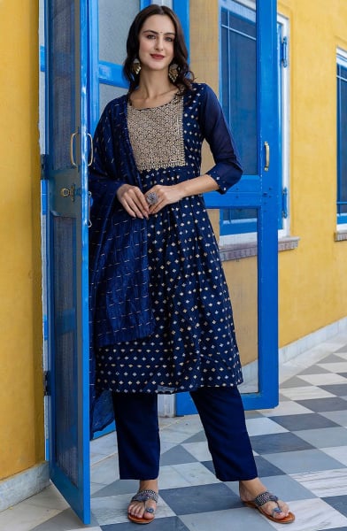 Navy Blue Embroidered Chanderi Readymade Suit