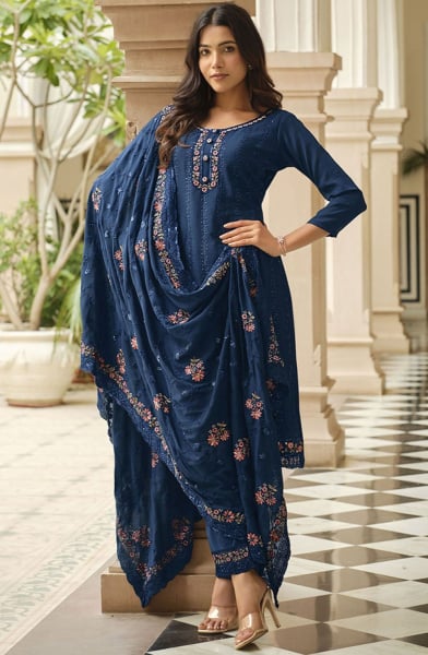 Navy Blue Embroidered Chinnon Pant Kameez
