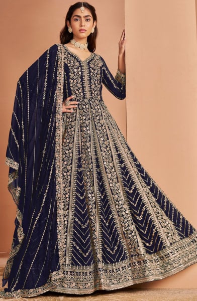 Navy Blue Embroidered Faux Georgette Anarkali Suit