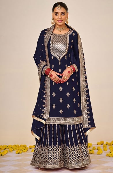 Navy Blue Embroidered Faux Georgette Palazzo Kameez