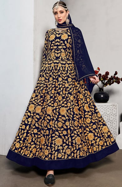 Navy Blue Embroidered Georgette Anarkali Suit for Festival