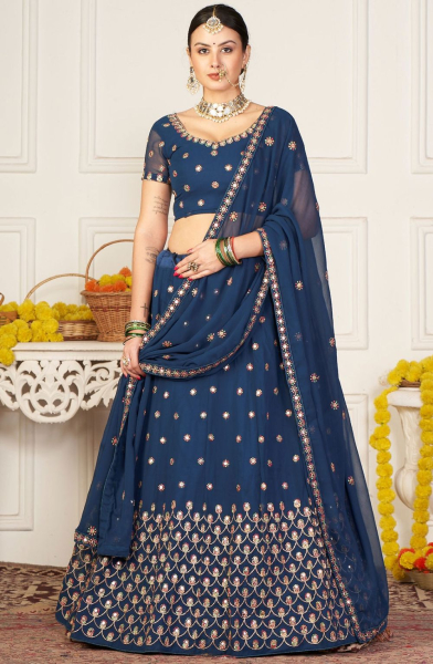 Navy Blue Embroidered Georgette Lehenga Choli