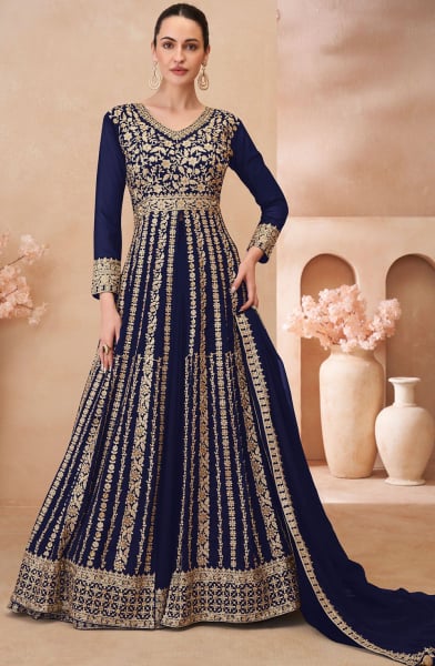 Navy Blue Embroidered Georgette Lehenga Kameez