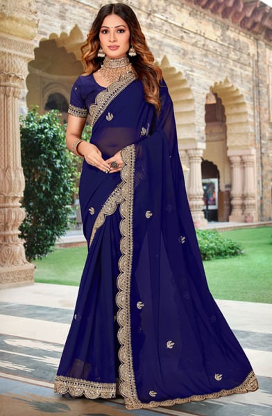 Navy Blue Embroidered Georgette Saree