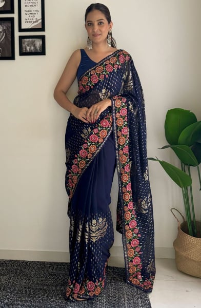 Navy Blue Embroidered Georgette Saree