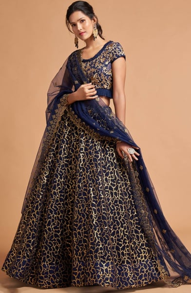 Navy Blue Embroidered Net Lehenga Choli for Wedding